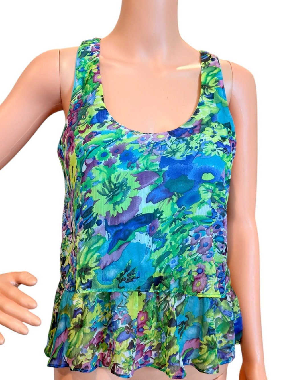 Floral Tank Top Scoop Peplum Ruffle Blouse Lucie Rose Green/Blue Size Medium